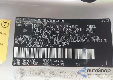 2004 Lexus Rx 330 from USA, damaged, VIN JTJHA31U440023173